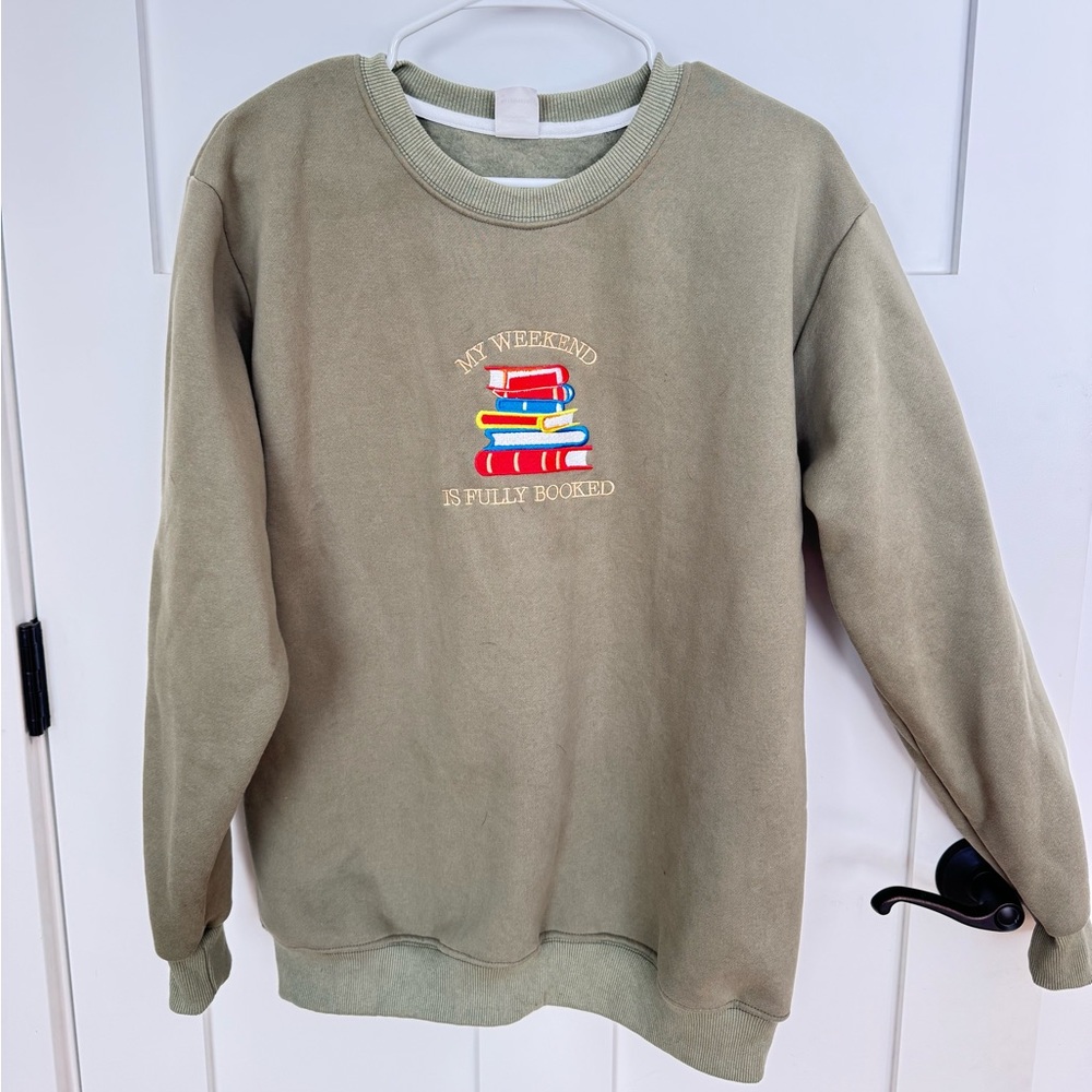 Olive Green Sweatshirt with Book Embroidery